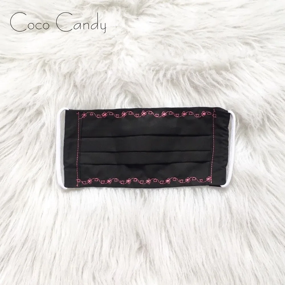 🆕Embroidered Pink Flower Black Fabric Reusable Face Mask